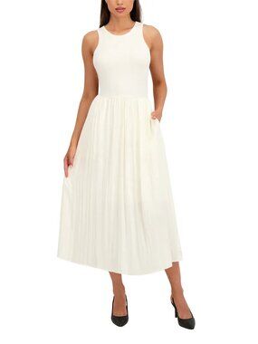 DKNY Women's Maxi Dress with Pleated Soft Skirt Bottom, Ivory, L